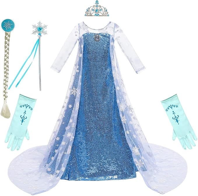 REXREII Princess Dress for Girls Frozen Elsa Snow Queen Costume Halloween Cosplay Christmas Birthday Party Gown w/Accessories