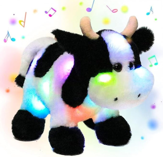 Hopearl LED Musical Stuffed Cow Lighting Up Singing Plush Toy Adjustable Volume Lullaby Animated Soothe Birthday Festival for Kids Toddler Girls, 12''