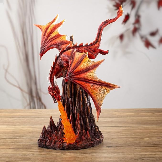 Pacific Giftware Fury Fire Dragon Figurine Red Dragon Sculpture Breathing Fire Over Volcanic Rock Base Dragon Dungeon Decor and Home Display 13 Inches Tall