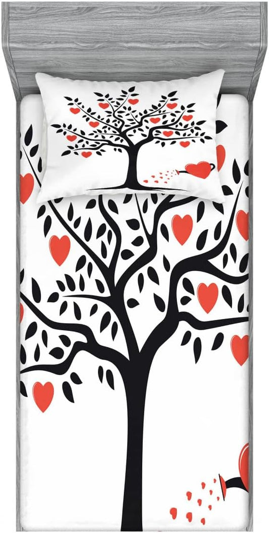Ambesonne Valentines 2 Pack Fitted Sheet & Pillow Sham Set, Romantic Love Tree, 4 Pcs Bedding Decor, Package Contains 2 Twin Size Fitted Sheets & 2 Pillow Covers, Vermilion Black