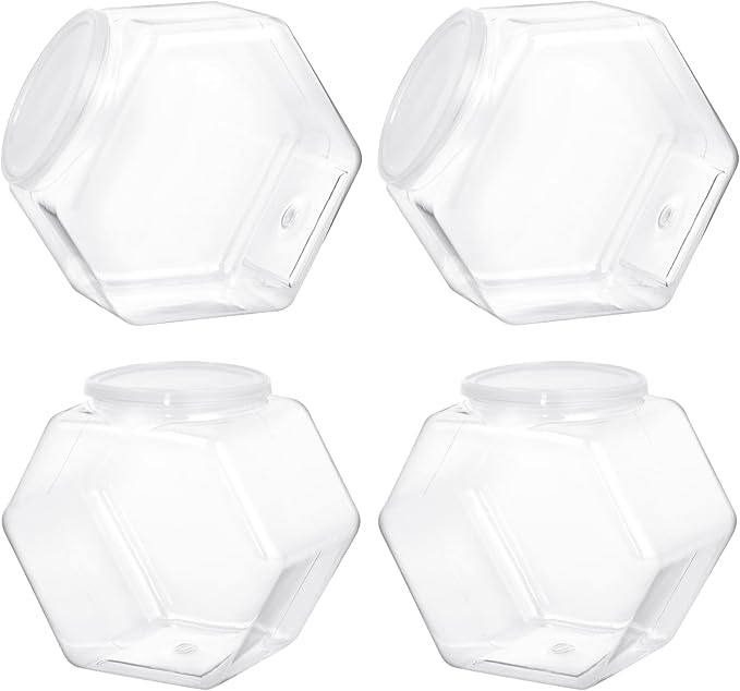 4 PCS Hexagon Plastic Jars Clear Cookie Jars with Airtight Lids, Candy Jars, Wide Round Mouth Snacks Dog Food Candy Containers, Reusable Coffee Candy Display （72oz）