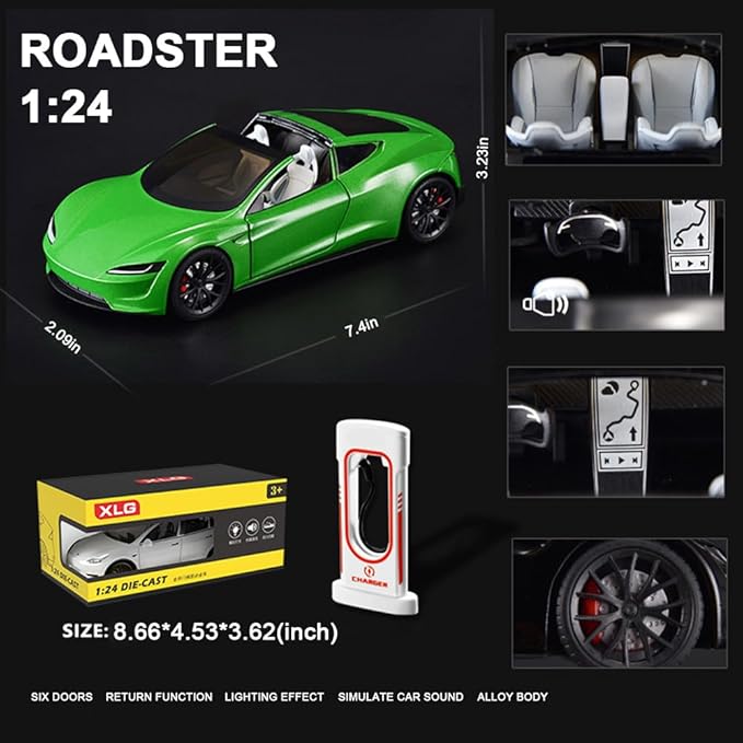 1/24 Diecast Roadster Model Car with Pull Back Function, Sound and Light, Alloy Metal Vehicles Roadster Toy Car Ideal Collectible for Kids Adults Enthusiasts, Great Birthday Gift (Green)