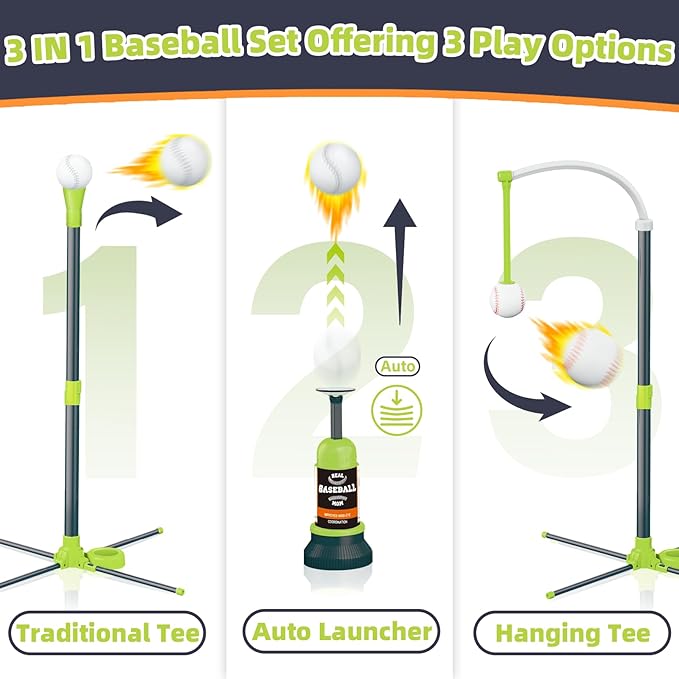 3-in-1 T Ball Set for Kids, Adjustable Height Hanging Baseball Batting Tee Set with 2 Bats, Teeball Hitting Stand, Ball Launcher for Toddlers, Sport Toys Outdoor/Indoor for Boys Girls