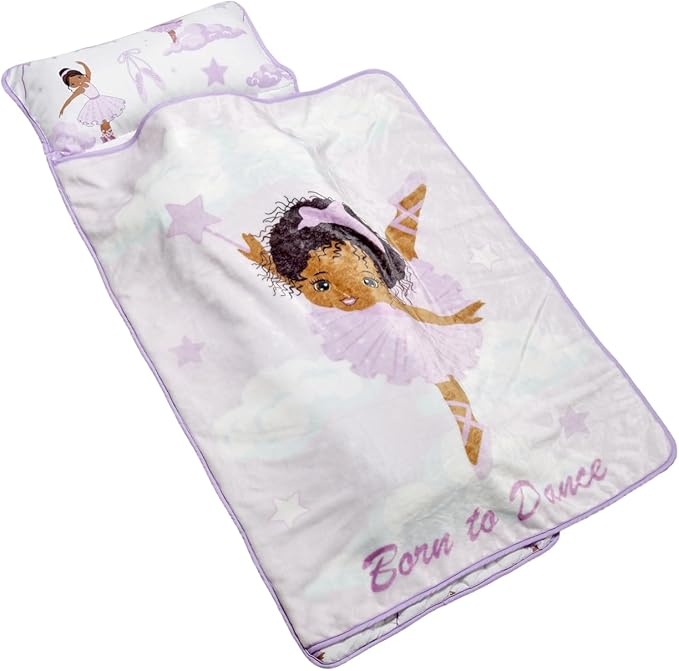 EVERYDAY KIDS Toddler Nap Mat with Removable Pillow - Born to Dance African American Ballerina - Carry Handle with Straps Closure, Rollup Design for Preschool, Daycare, Sleeping Bag - Ages 2-6 Years