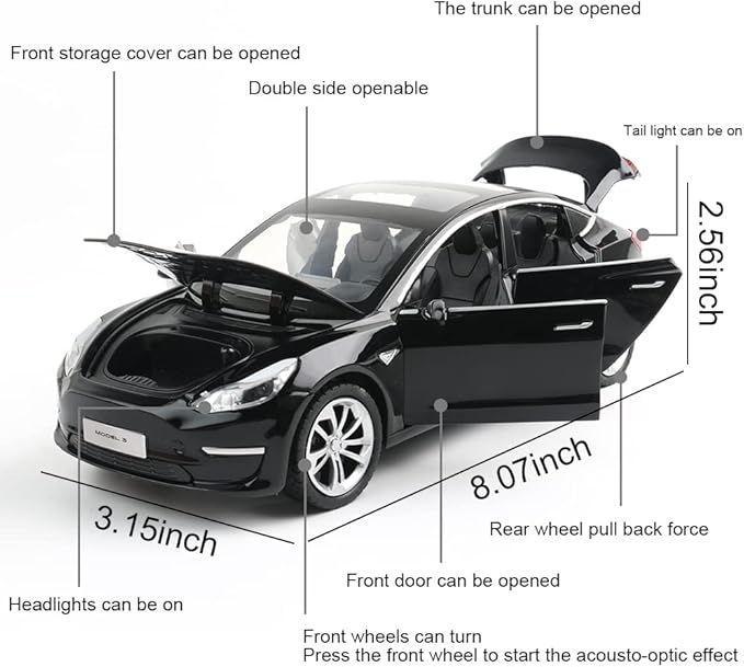 Zinc Alloy 3 Car Model,1:24 Scale Simulation Casting car Model Pull Back Diecast Toy Car, Mini Vehicles Toys with Lights and Music for Toddlers Kids Children Birthday Gift(Black)