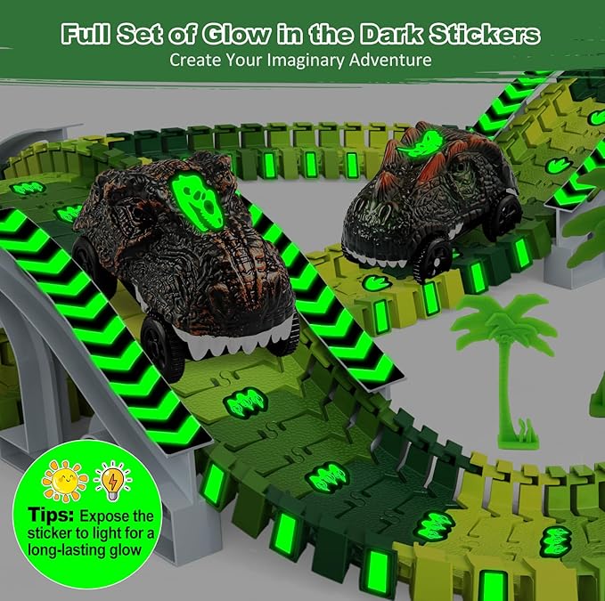 Dinosaur Toys, Create A Dinosaur World Road Race Tracks Glow in The Dark Flexible Train Track Playset, 2pcs Dinosaur Car for 3 4 5 6 Year Old Boys Girls Christmas Birthday Gift, CF2268