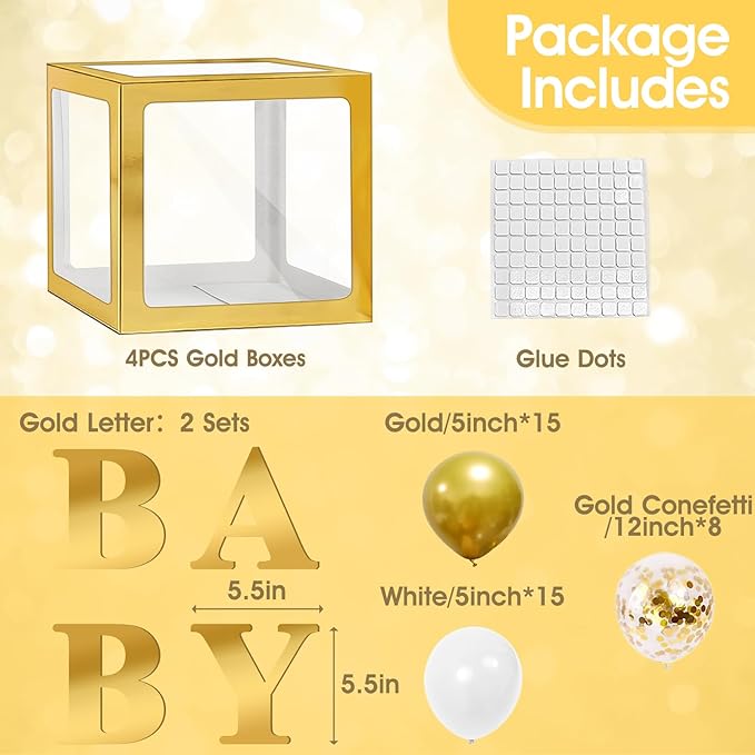 Ledido Baby Boxes with Letters for Baby Shower Decorations with 38 Balloons, 4 pcs Clear Baby Balloon Boxes Blocks for Baby Shower Decor Boy Girl Gender Reveal Decorations Backdrop Party (Gold)