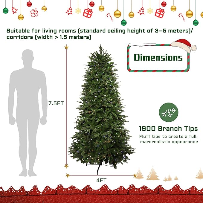 7.5ft Prelit Christmas Tree with 798 Warm White & Multi-Color LED Lights 1900 Branch Tips 3-Minute Quick Power Connect Pencil Xmas Tree for Holiday Decor Home and Party
