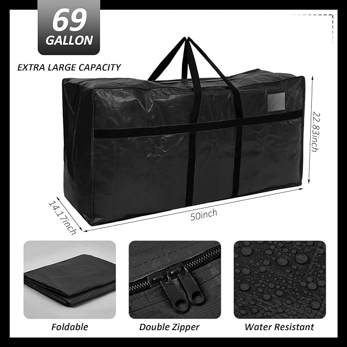 Windyun 4 Pack 69 Gallon Extra Large Storage Bags XXL Moving Bags with Zipper Handles Heavy Duty Jumbo Big Totes Box for Halloween Skeleton 4-12 Feet Christmas Tree Storage College Dorm Cloth (Black)
