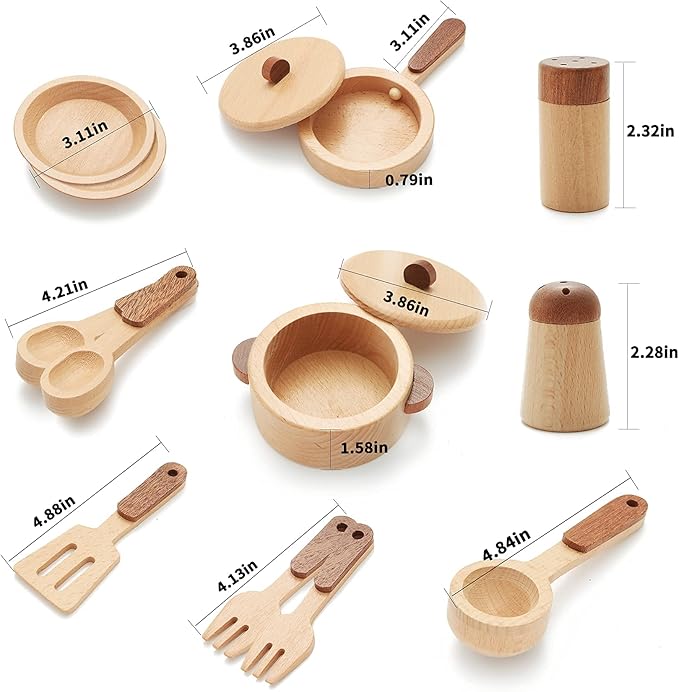 WHOHOLL Wooden Toys Play Kitchen Accessories, Montessori Toys for 1 2 3 4 5 + Years Old Toddlers, Toy Kitchen Play Dishes & Play Food Playset, Birthday Sets for Kids Girls Boys