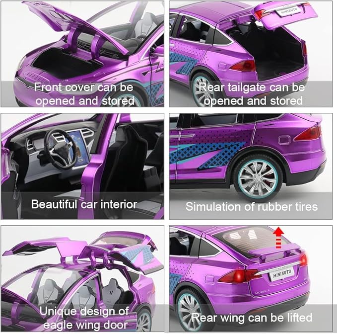 Zinc Alloy X Car Model,1:24 Scale Simulation Casting car Model Pull Back Diecast Toy Car, Mini Vehicles Toys with Lights and Music for Toddlers Kids Children Birthday Gift(Purple)