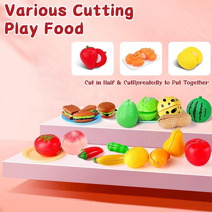 134 Pcs Toy Kitchen Accessories, Pretend Cooking Toys with BBQ Grill, Pressure Cooker, Kettle, Pots, Pans, Kitchen Playset for Cutting Play Food, Christmas Birthday Present for Boys Girls