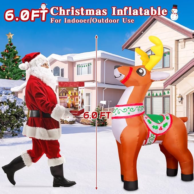 GOOSH 6 FT Christmas Inflatables Reindeer Outdoor Decorations Blow Up Yard Cute Deer with Built-in LEDs for Xmas Garden Lawn Indoor Party Decor