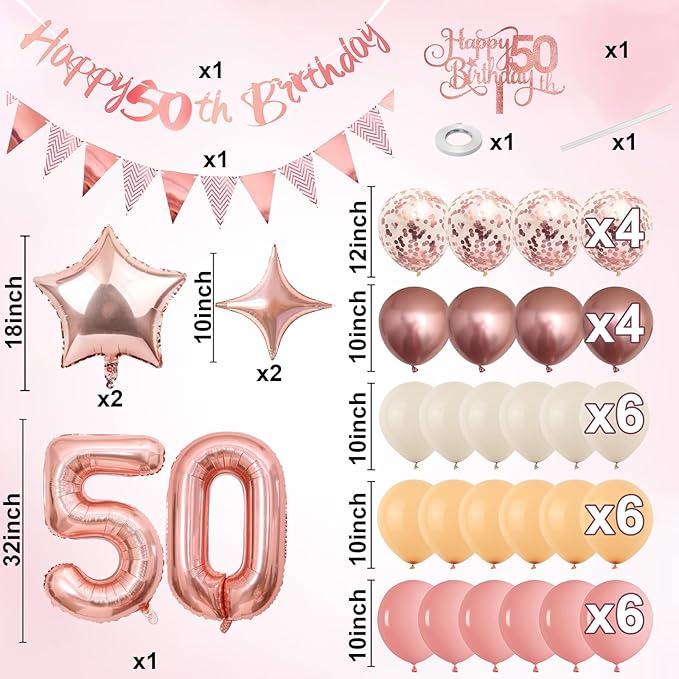 50th Birthday Decorations for Women, Retro Pink Beige Number 50 Balloon Set Happy 50th Birthday Banner Cake Topper Dusty Pink Beige Rosegold Star Balloons for Her 50 Year Old Bday Party Decor