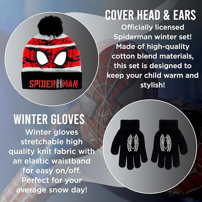 Marvel Spider-Man Kid’s Winter Hat and Snow Gloves for Boys and Toddlers, 2 Pc. Set, Pom-Pom Beanie with Warm Mittens