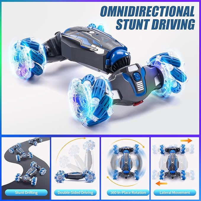 4WD Stunt Car, 2.4 GHz Gesture Sensor RC Cars, Double-Sided Vehicle 360° Flip RC Twist Buggy with Music Spray - Best Christmas and Birthday Present for Boys and Girls Aged 6-12 (Blue)