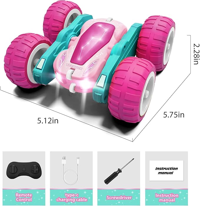 Tecnock Pink Remote Control Car for Girls and Boys, 2.4GHz RC Cars with USB-C Easy Charging, 4WD Double Sided 360° Rotates and Flips RC Stunt Car, Toys Gift for Kids Ages 6-8, 8-12