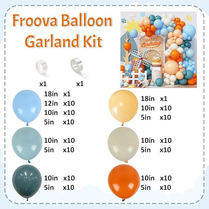 Orange and Blue Balloon Garland Arch Kit, 125pcs Retro Burnt Orange Baby Dusty Fog Blue Beige Ivory White Latex Balloons Arch for Birthday Decor, Boys Baby Shower Wedding Graduation Party Decorations