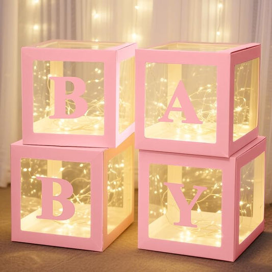 Ledido Baby Boxes with Letters for Baby Shower Decorations, 4 pcs Clear Balloon Boxes Blocks Decor with LED Fairy String Lights for Boy Girl Gender Reveal Decorations Backdrop Party (Pink)