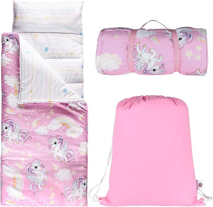 Toddlers Nap Mat with Removable Pillow and Soft Blanket, Lightweight Daycare Preschool Kindergarten Sleeping Bag, Travel Slumber for Kids Girls Boys