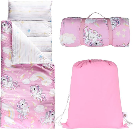 Toddlers Nap Mat with Removable Pillow and Soft Blanket, Lightweight Daycare Preschool Kindergarten Sleeping Bag, Travel Slumber for Kids Girls Boys