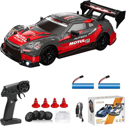 1:24 Scale RC Drift Car 4WD 2.4GHz 30KM/H High Speed Racing Sport Toy Car with LED Lights, Racing and Drift Wheels (8601-Red)