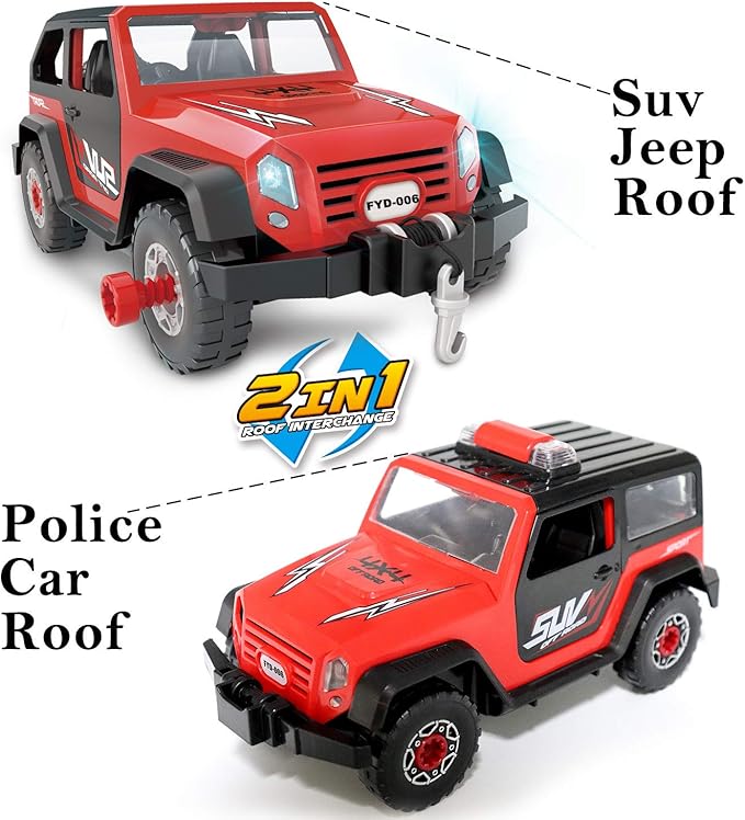 FYD 2in1 Take Apart Jeep Car STEM Learning Assembly Playset with Functional Battery-Powered Drill - Early Childhood Developmental Skills Construction Toy for Boys Kids Aged 3 and up
