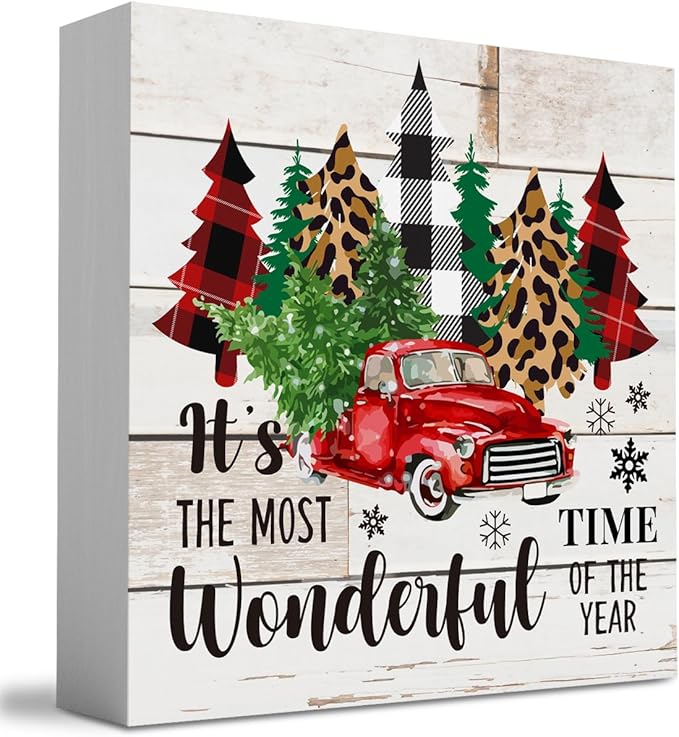 Rustic Winter Merry Christmas Tree Wood Box Sign, It's the Most Wonderful Time of the Year Truck Farmhouse Christmas Santa Artwork Decor, Home Shelf Office Decoration 5 x 5 Inches