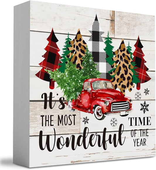 Rustic Winter Merry Christmas Tree Wood Box Sign, It's the Most Wonderful Time of the Year Truck Farmhouse Christmas Santa Artwork Decor, Home Shelf Office Decoration 5 x 5 Inches