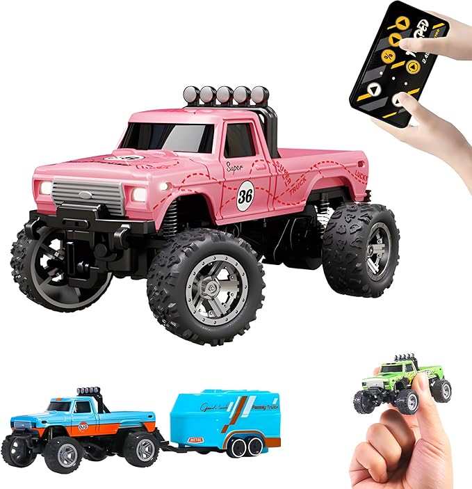 Mini Rc Truck, 1:64 Scale Monster Truck Remote Control Car with Lights, 2.4Ghz Remote Control, Speed/Steering Adjustable (Pink)