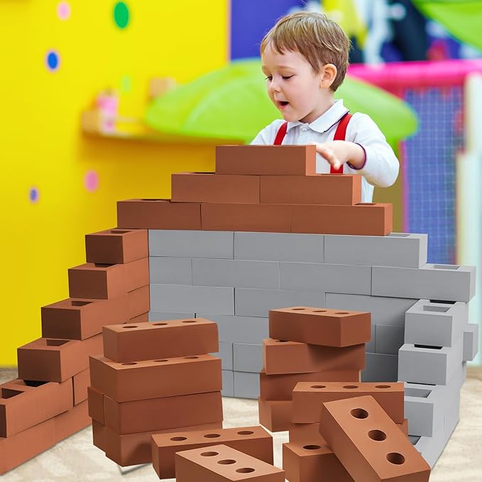 Deekin 30 Pcs Foam Brick Building Blocks for Kids Thick Blocks Foam Large Fake Brick Construction Toy for Stacking Construction, 8 x 4 x 2.4 in(Square Circle Holes)