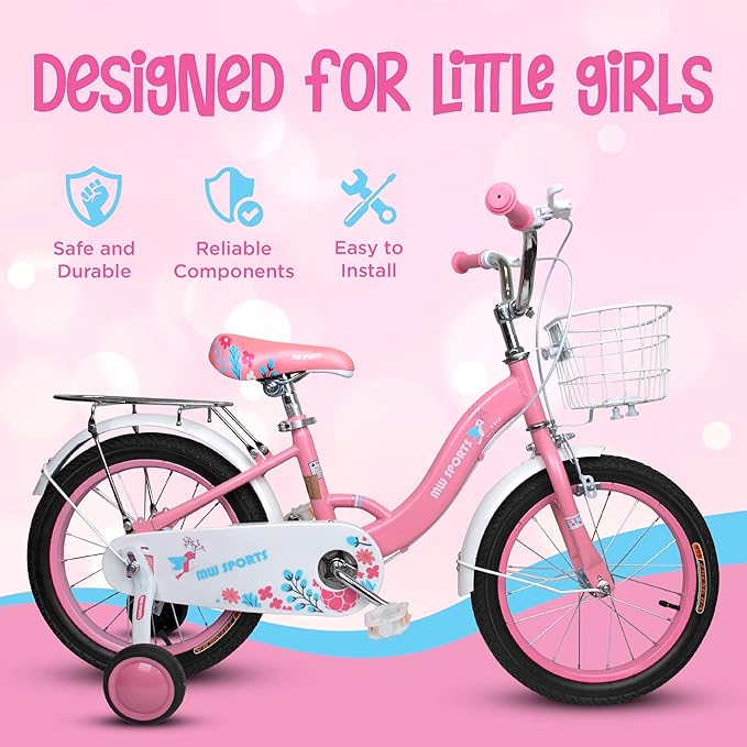 Slippery Racer MW Sports 16 inch Kids Bike with Removable Training Wheels, Hand Brakes and Back Relay Rack for Ages 4-6 Years.
