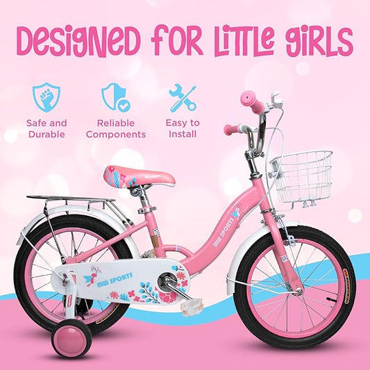 Slippery Racer MW Sports 16 inch Kids Bike with Removable Training Wheels, Hand Brakes and Back Relay Rack for Ages 4-6 Years.