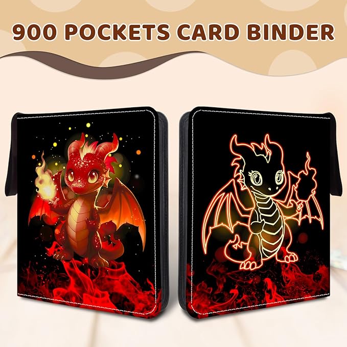 900 Pocket Trading Card Storage Album, Card Binder with 50 Durable 9-Pocket Pages, Pterosaur Dragon Design on Pocket Card Packs, Thanksgiving Christmas Gifts for Collector's Album