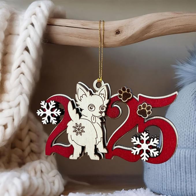 2025 Longhaired Chihuahua Christmas Ornament – Wooden Dog Ornament for Tree, Cute Puppy Holiday Decoration, Personalized Pet Lover Gift for Women, Men, Kids, Dog Mom & Dad