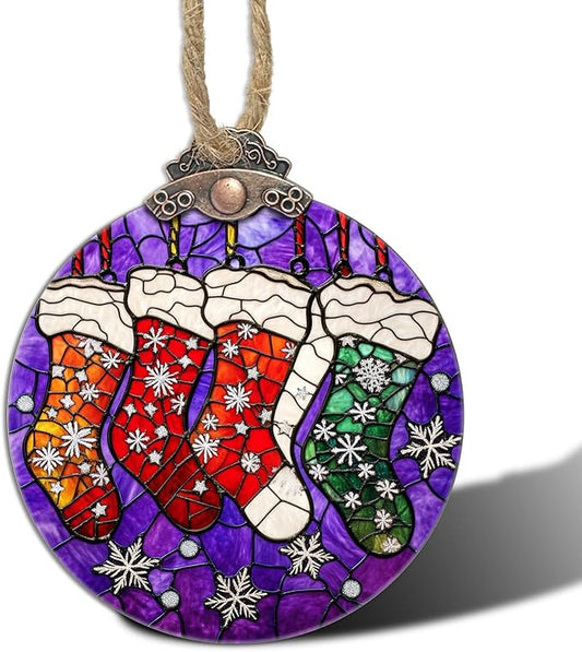 Stained Glass Christmas Decorations, Colorful Socks Suncatcher for Window Christmas Tree Hanging Ornaments Silver Snowflake Sun Catcher Xmas Decor Gifts for Women Men Mom Nana Friend