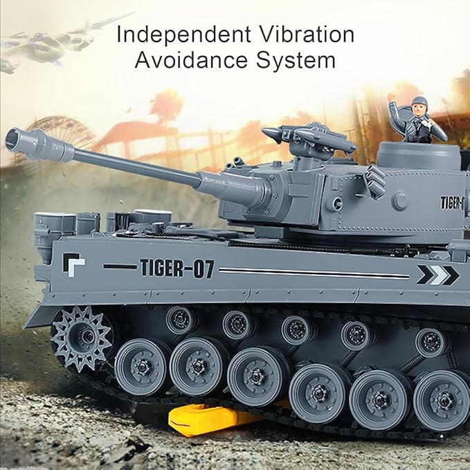Dollox 1/18 Remote Control Tank 2.4Ghz, RC Military Toys German Tiger Army Battle Tank Vehicles with Smoke Launch Bullets, Rotating Turret, Light, Sound, Waterbomb RC Car Truck Toy for Kids Boys Girl