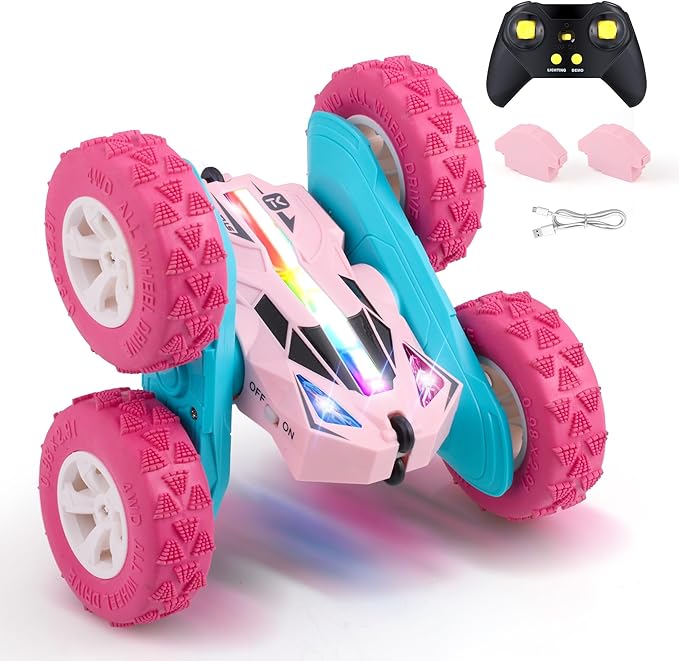 Threeking Remote Control Car RC Cars Toys for Girls Boys Ages 6-12, Upgraded USB-C Modular Batteries, 4WD Stunt Car with Breathing Soft Lights, Double-Sided Driving & 360° Flips, Presents Gifts, Pink