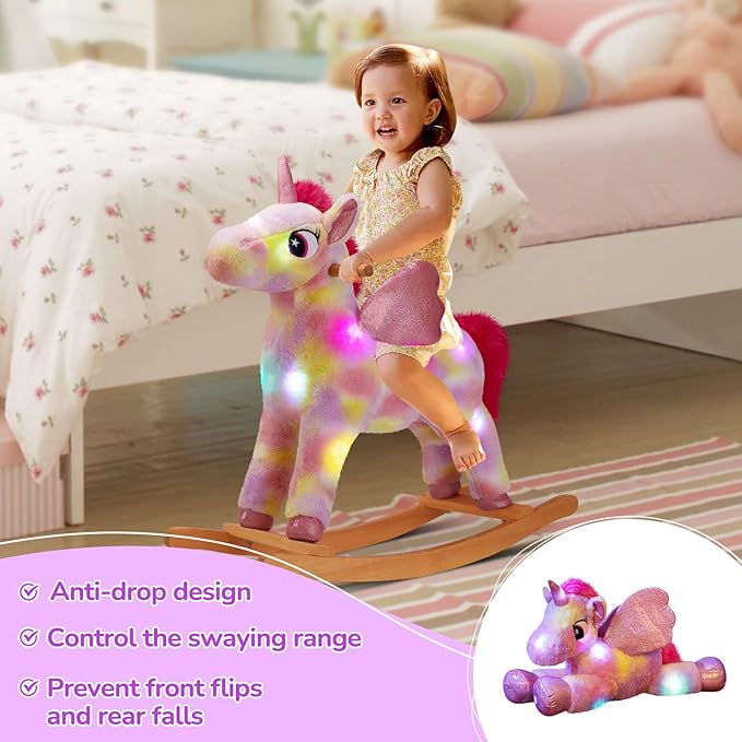 Glow Guards Light up Musical Unicorn Rocking Horse Set of 2 with Stuffed Rainbow Unicorn Toys Ride On Unicorn with Wooden Chair Gifts for Toddler Children Age 3-6