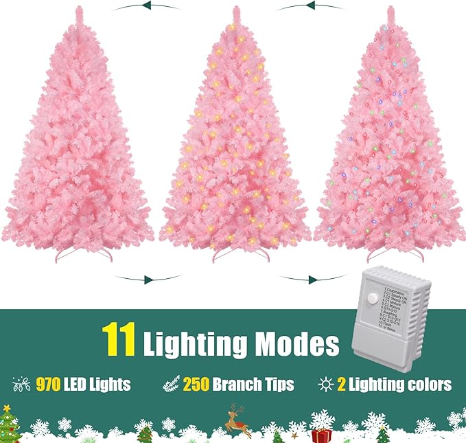 Annecy 6ft Pre-Lit Christmas Tree, Pink Artificial Full Spruce Christmas Tree for Home, Office, Party Decoration w/ 970 Branch Tips, 250 Warm White & Multi-Color Lights, Metal Hinges & Base, Pink 6ft