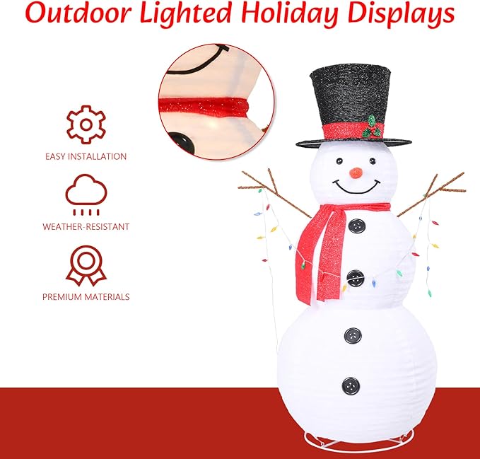 VCUTEKA 5FT Lighted Outdoor Snowman Decoration, Christmas Snowman with Red Scarf and Black Hat Holding Colorful Lights, LED Light-Up Holiday Lawn Yard Garden Décor