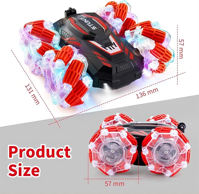 RC Stunt Car, Double-Sided 360° Flips, 4WD 2.4 GHz Gesture Sensing RC Cars with Cool Lights and Music, for Boys Aged 6-12, Great Birthday Presents, Toy Cars (Red)