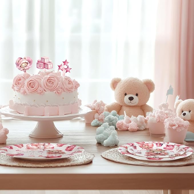 40 Guests We Can Bearly Wait Baby Shower Plates – Pink Teddy Bear Plates and Napkins Set for Girl Baby Shower Decorations