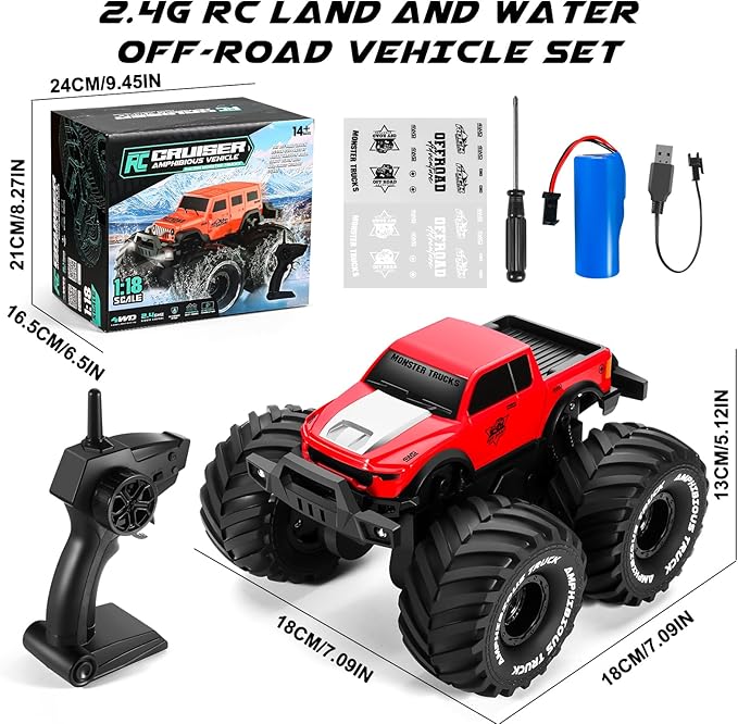 1:18 Scale Amphibious LED RC Car ，2.4GHz All 20 Km/h Off Road Terrain Remote Control Drift Truck, Waterproof Truck for 8+ Year Old Boys Girls Kids Gifts (Red)