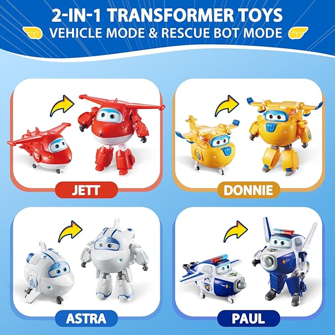 Super Wings 5" Transformable 4-Pack Action Figure Tobot, Transforming Airplane Robot Toys, Educational Toys for Boys & Girls Age 3+, Gifts for Preschool Kids, Jett, Paul, Donnie, Astra