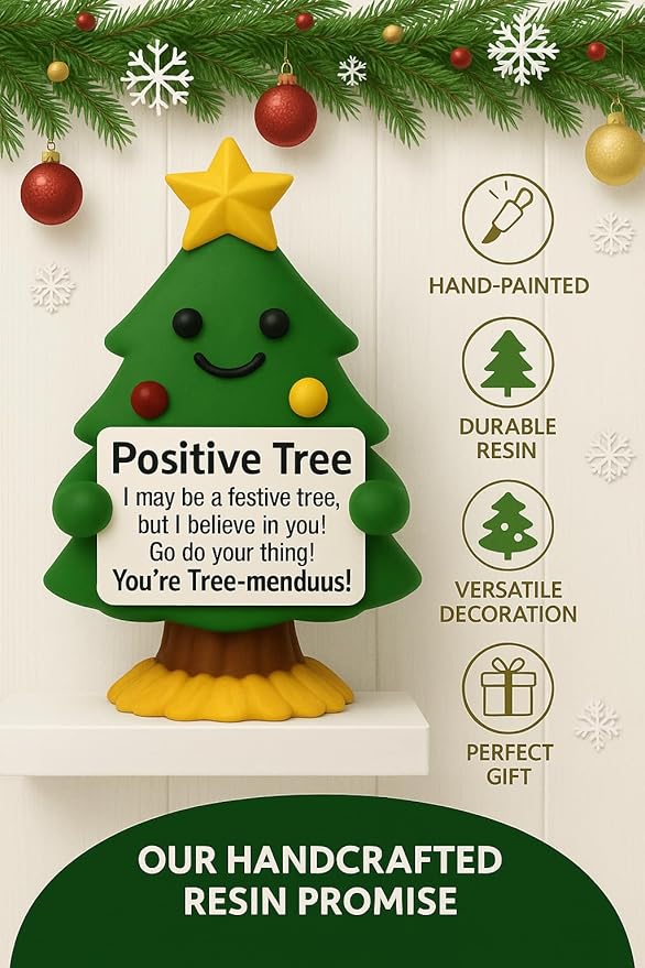 iStatue Mini Christmas Tree Hand-Painted Resin Positive Figurine, 5'' Xmas Decoration Indoor Desk Décor | Cute Motivational Gift, Stocking Stuffer, Holiday Mantel & Office (Green Tree)