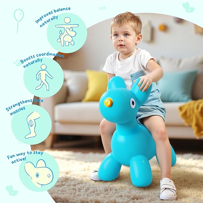 ZOOJOY Bouncy Animal Hopper, Blue Balloon Dog Bouncy Horse for Toddlers, Inflatable Ride-on Hopping Toys with Pump for Indoor & Outdoor Play, 3 4 5 6 7 Years Birthday Gift for Boys & Girls