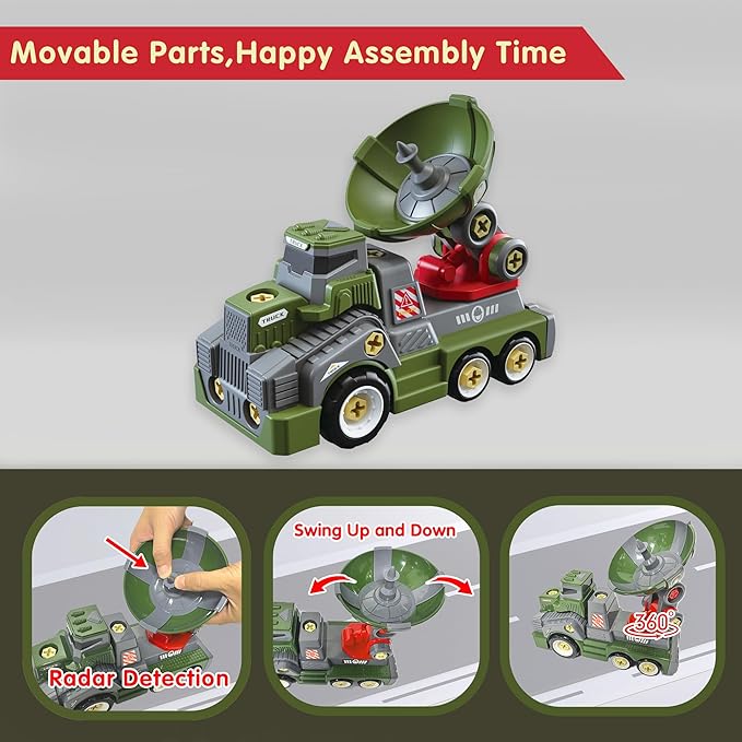 11inches Large Take Apart Trucks Army Toys for Boys Girls Kids 3-10 Year Old Radar Trucks Toys with Electric Drill Assembly Toy