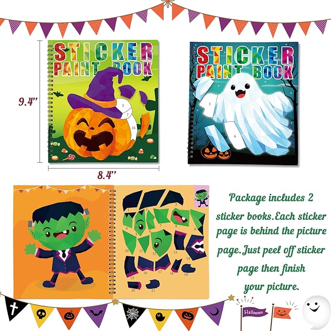 90shine 2PCS Halloween Crafts for Kids Ages 4-8 Sticker Books Gift Party Favors Create 22 Pictures