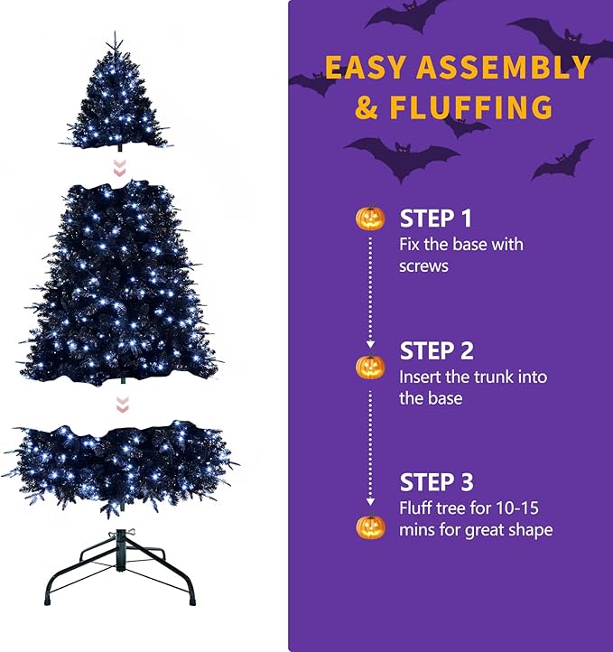 5ft Prelit Black Christmas Tree with 250 Lights, Artificial Fake Christmas Tree with 1076 PE&PVC Branch Tips, Halloween and Xmas Tree for Holiday Decorations, Metal Stand and Hinged Branches